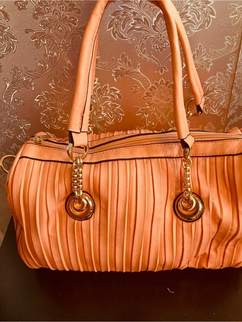 Pleated Coral Satchel Handbag with Gold Hardware